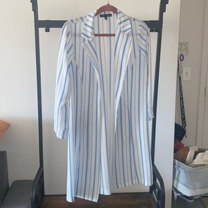 White with blue stripes long blazer. Think shear material.